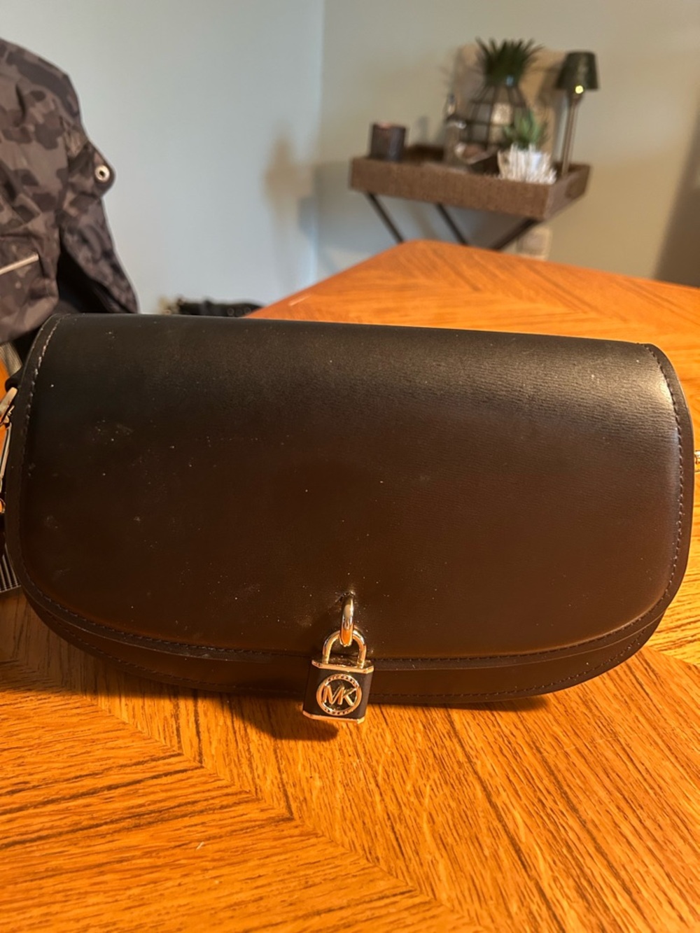 Michael Kors Black Leather Crossbody with Gold MK Padlock